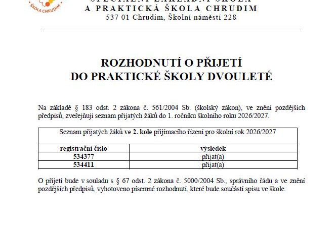 Výsledky přijímacího pohovoru do&nbsp;PŠ dvouleté – 2.&nbsp;kolo